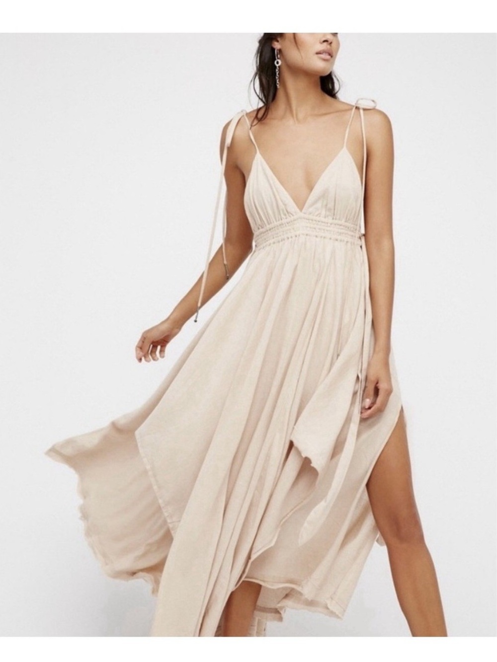 Spaghetti Strap V-Neck Flowy Midi Dress in Light Beige